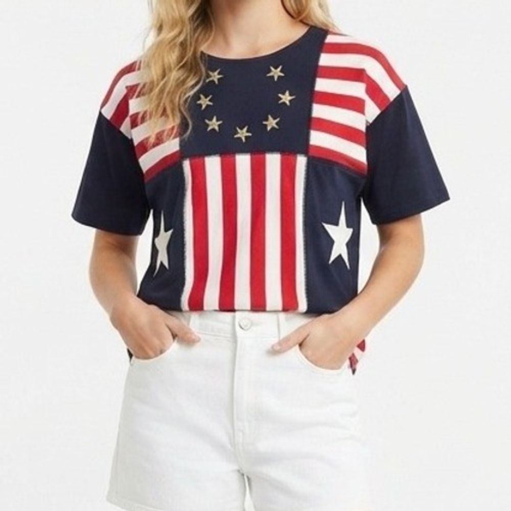 Chaus Sport T Shirt Womens Medium Blue Patriotic Stars Stripes Americana Flag